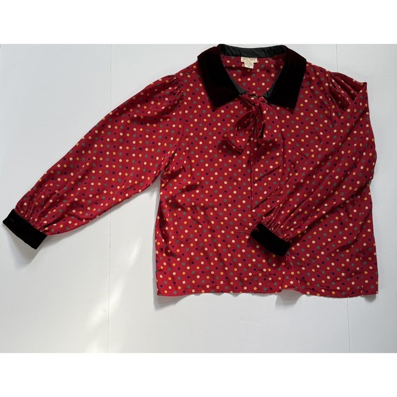 VTG Jean Halm Women's 14 Red Polka Dot 100% Silk Blouse Neck Tie Velvet Accents - Picture 11 of 16